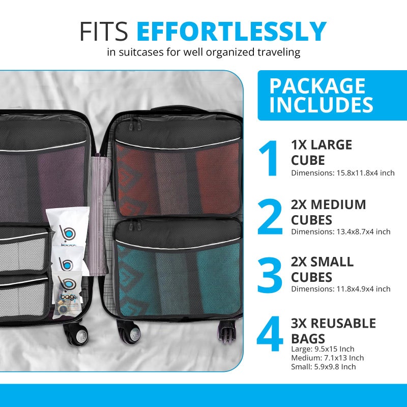 bago 8 Pcs Packing Cubes for Travel - 5 Travel Packing Cubes for Suitcases with 3 ZipLock Bags, Luggage Organizer Bags to Get Maximum Storage, Save Time & Effort to Pack (Black Blue Purple Green Pink) - Image 5